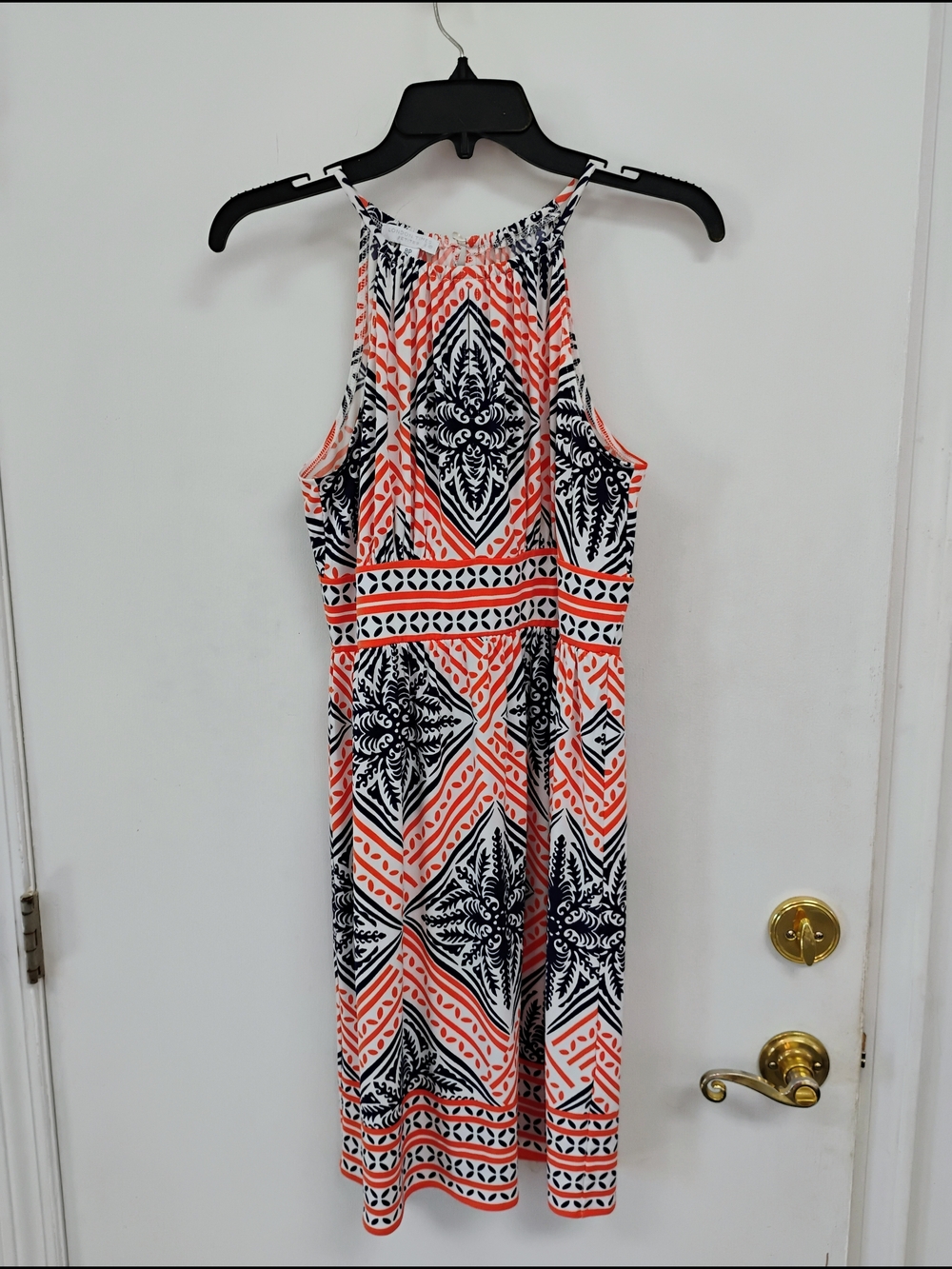 Sleeveless Geometric Maxi Dress in Coral, Black & White